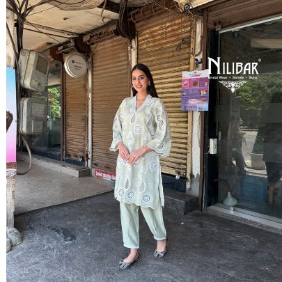 Mint Green Cotton Chikankari Shirt Paired With Straight Salwar