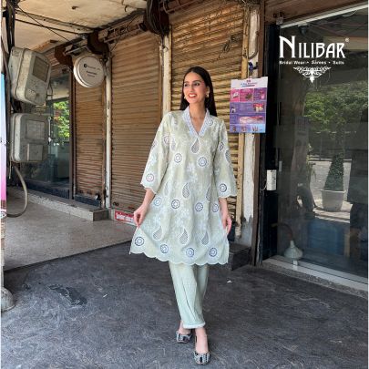 Mint Green Cotton Chikankari Shirt Paired With Straight Salwar