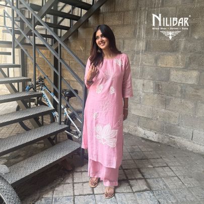 Baby Pink Cotton A-Line Kurta Paired With Straight Palazzo