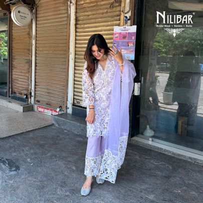 Lavender Cotton A-Line Net Shirt Paired With Straight Salwar & Organza Dupatta