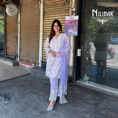 Lavender Cotton A-Line Net Shirt Paired With Straight Salwar & Organza Dupatta