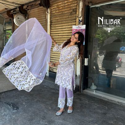 Lavender Cotton A-Line Net Shirt Paired With Straight Salwar & Organza Dupatta