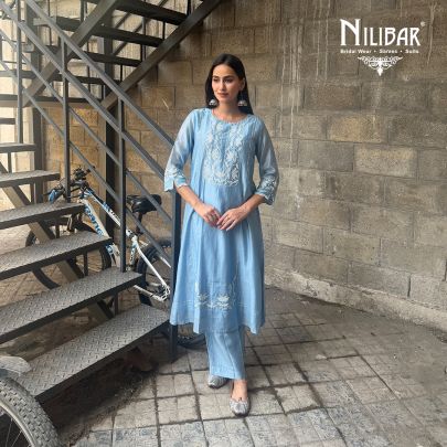 Sky Blue Cotton A-Line Kurta Paired With Straight Palazzo