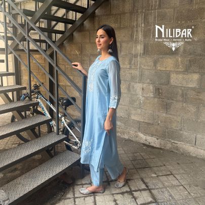 Sky Blue Cotton A-Line Kurta Paired With Straight Palazzo