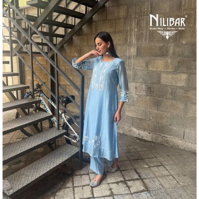 Sky Blue Cotton A-Line Kurta Paired With Straight Palazzo