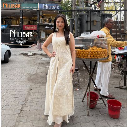 Ivory Cotton A-Line Chikankari Cape Paired With Blouse & Palazzo