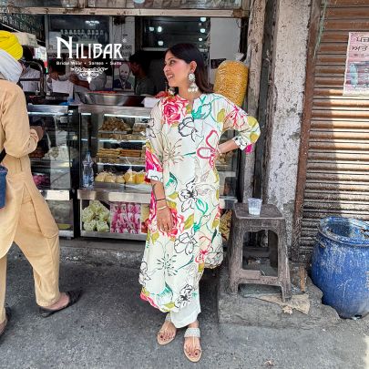 Ivory Rayon Cotton Printed Kurta Paired With Straight Palazzo