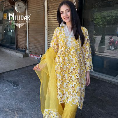 Yellow Cotton A-Line Printed Net Shirt Paired With Straight Salwar & Organza Dupatta