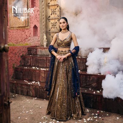Gold & Blue Pink Net Lehenga