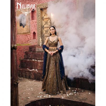 Gold & Blue Pink Net Lehenga