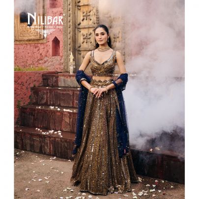Gold & Blue Pink Net Lehenga
