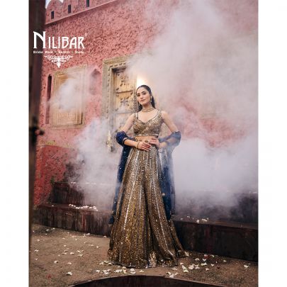 Gold & Blue Pink Net Lehenga