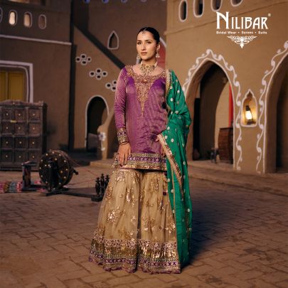 Purple Gold & Green Tissue Top Paired With Net Bottom & Organza Dupatta Garara Suit