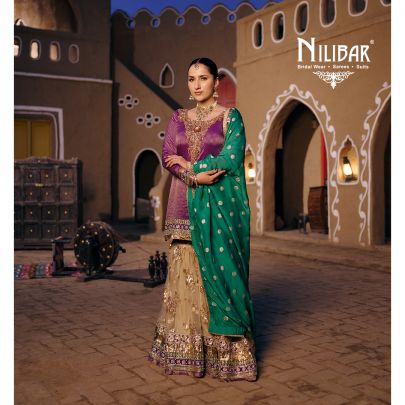 Purple Gold & Green Tissue Top Paired With Net Bottom & Organza Dupatta Garara Suit