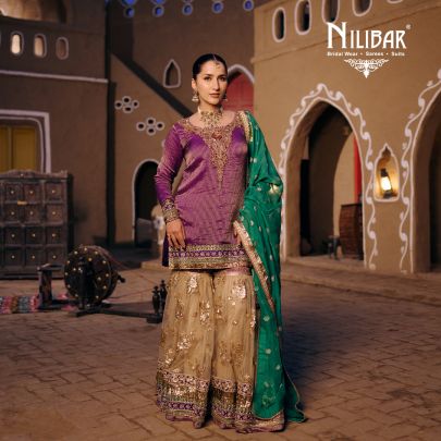 Purple Gold & Green Tissue Top Paired With Net Bottom & Organza Dupatta Garara Suit