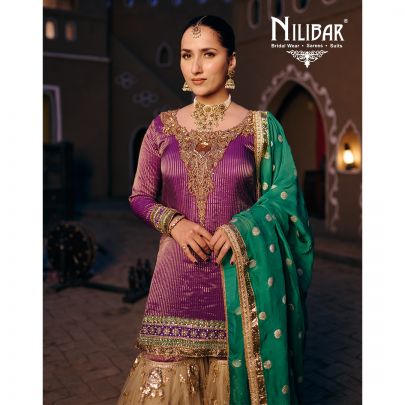 Purple Gold & Green Tissue Top Paired With Net Bottom & Organza Dupatta Garara Suit
