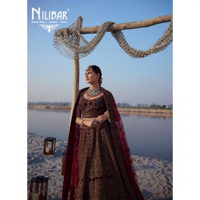  Mehroon Velvet Embroidered Bridal Lehenga