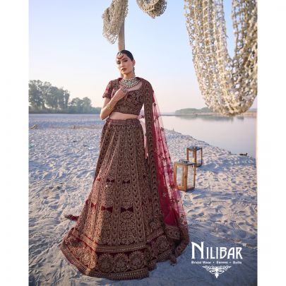  Mehroon Velvet Embroidered Bridal Lehenga