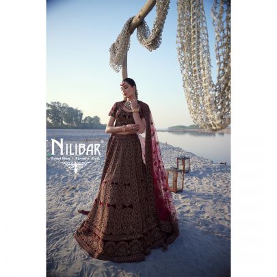  Mehroon Velvet Embroidered Bridal Lehenga