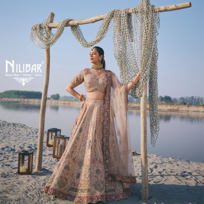 Light Beige Heavy Embroidered Silk Blouse & Lehenga
