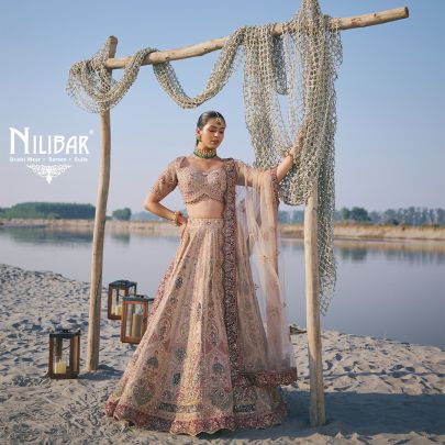 Light Beige Heavy Embroidered Silk Blouse & Lehenga