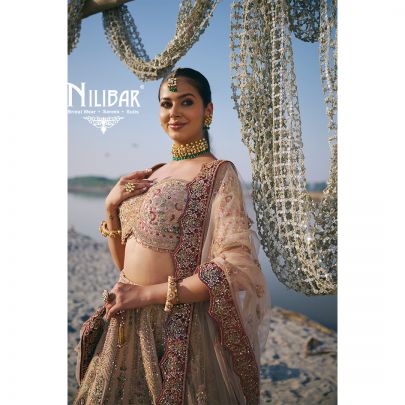 Light Beige Heavy Embroidered Silk Blouse & Lehenga