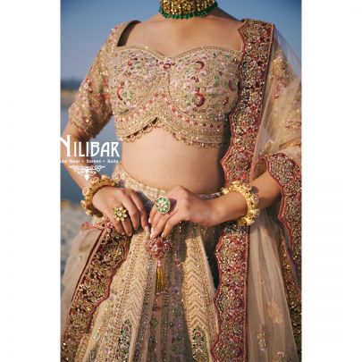 Light Beige Heavy Embroidered Silk Blouse & Lehenga