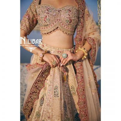 Light Beige Heavy Embroidered Silk Blouse & Lehenga