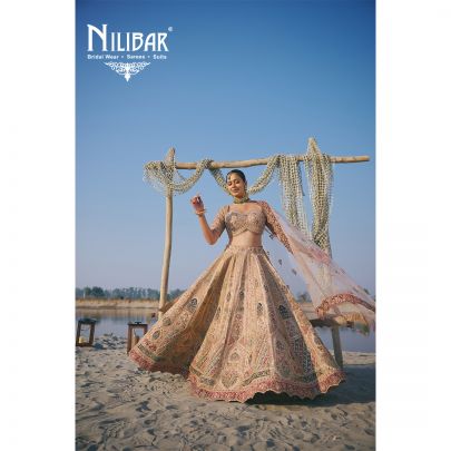 Light Beige Heavy Embroidered Silk Blouse & Lehenga