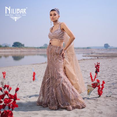 Beige Gold Net Lehenga Paired With Organza Dupatta