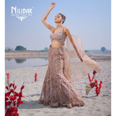 Beige Gold Net Lehenga Paired With Organza Dupatta