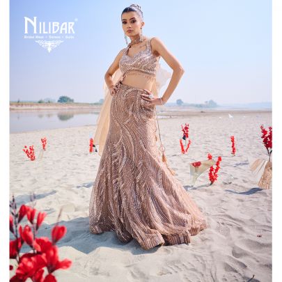 Beige Gold Net Lehenga Paired With Organza Dupatta