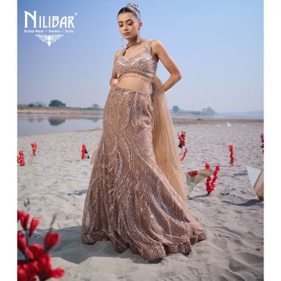 Beige Gold Net Lehenga Paired With Organza Dupatta