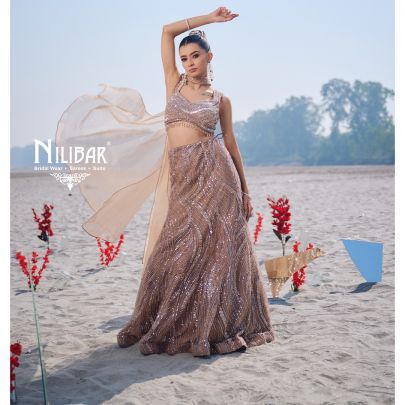 Beige Gold Net Lehenga Paired With Organza Dupatta