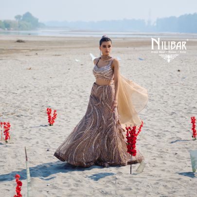 Beige Gold Net Lehenga Paired With Organza Dupatta