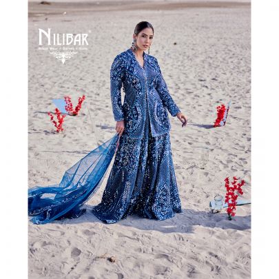 Peacock Blue Net Heavily Embroidered Flared Palazzo Set