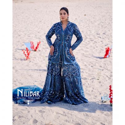 Peacock Blue Net Heavily Embroidered Flared Palazzo Set