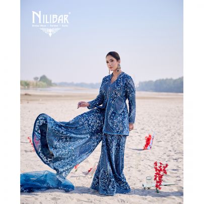 Peacock Blue Net Heavily Embroidered Flared Palazzo Set