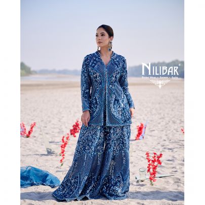 Peacock Blue Net Heavily Embroidered Flared Palazzo Set