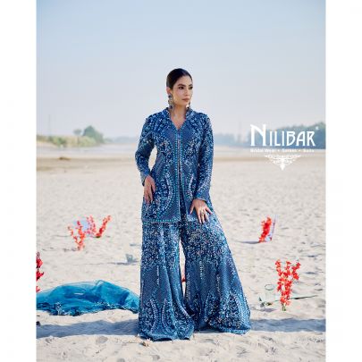 Peacock Blue Net Heavily Embroidered Flared Palazzo Set