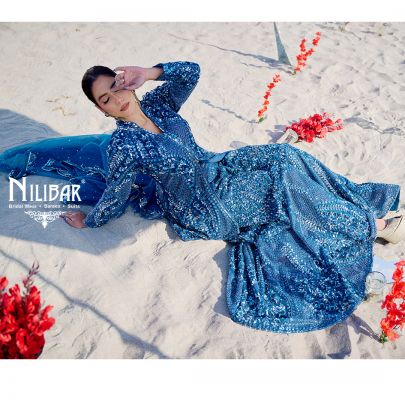 Peacock Blue Net Heavily Embroidered Flared Palazzo Set