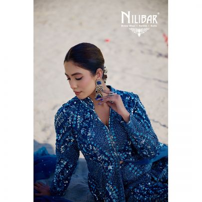 Peacock Blue Net Heavily Embroidered Flared Palazzo Set