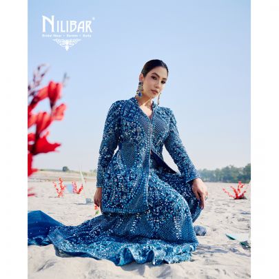 Peacock Blue Net Heavily Embroidered Flared Palazzo Set