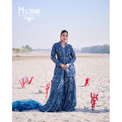 Peacock Blue Net Heavily Embroidered Flared Palazzo Set