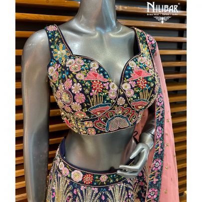 Blue & Pink Printed Silk Lehenga