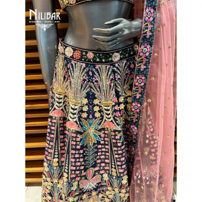 Blue & Pink Printed Silk Lehenga