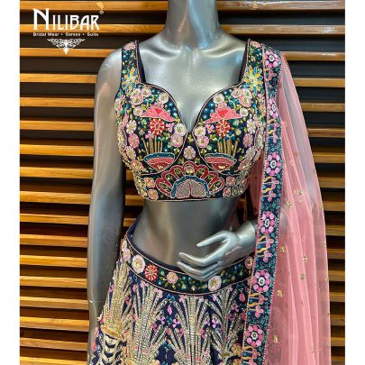 Blue & Pink Printed Silk Lehenga