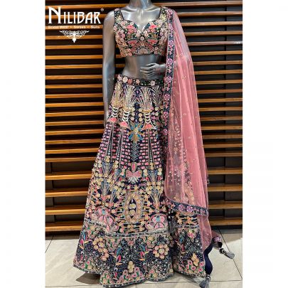 Blue & Pink Printed Silk Lehenga
