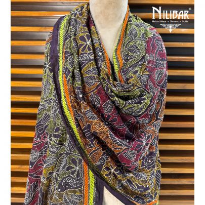 Purple Silk Kantha Dupatta