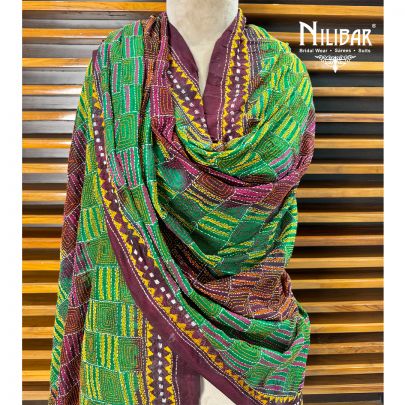 Parrot Green Silk Kantha Dupatta